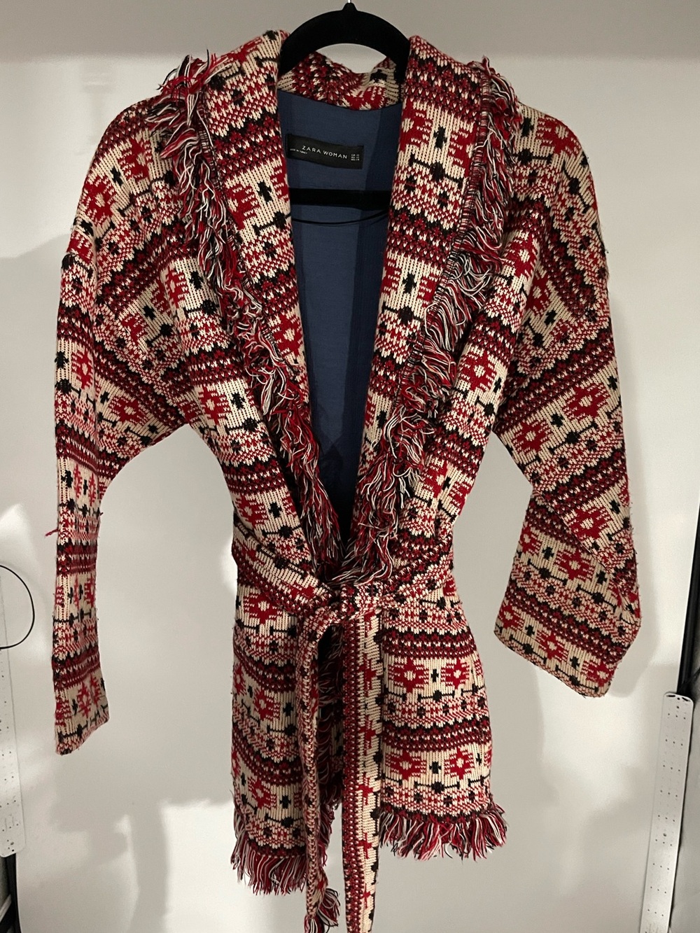 Zara Red & Cream Fringe Knit jacket with belt